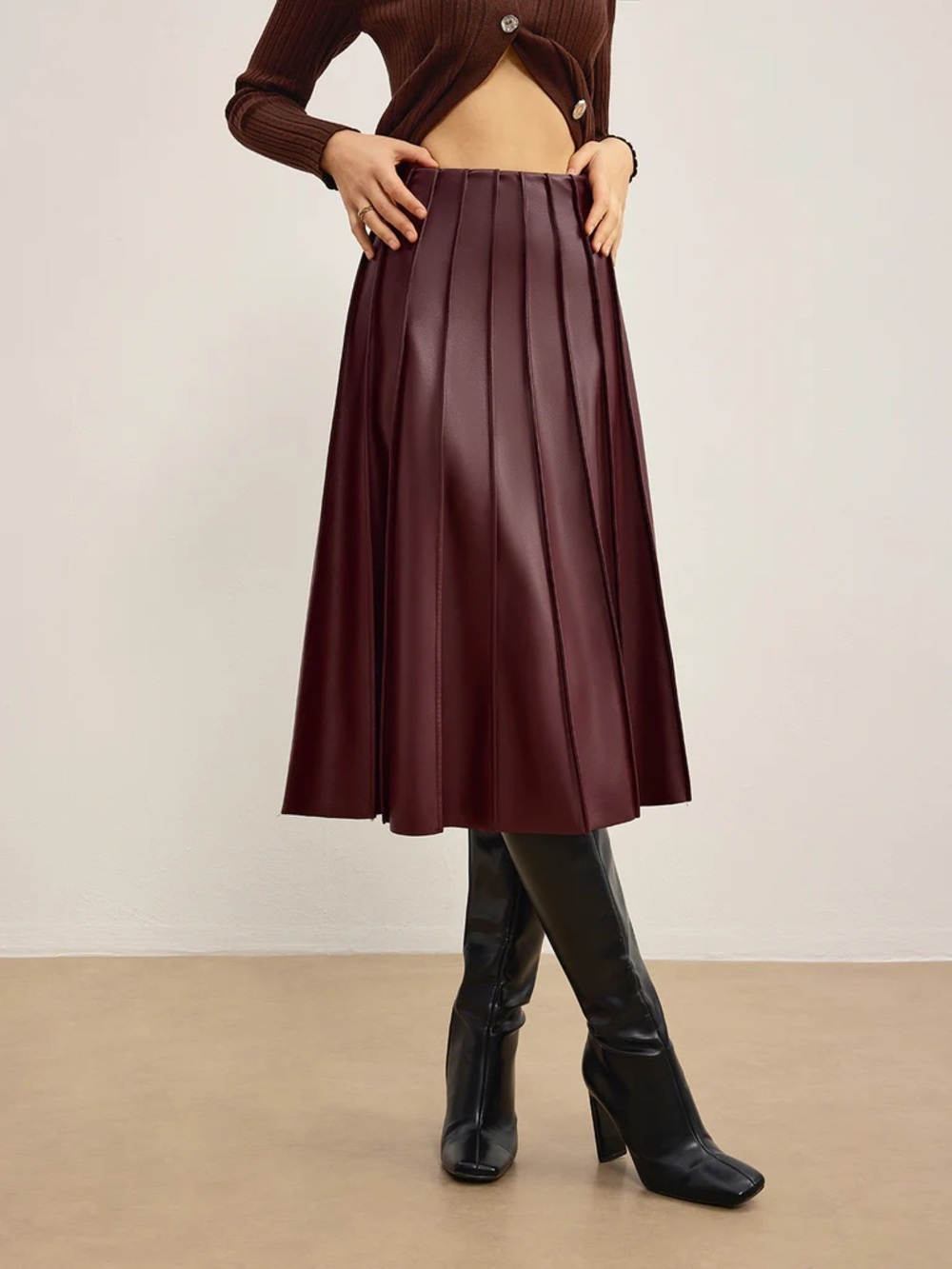 Commense Burgundy Pleated Faux-Leather Midi Skirt - Picture 2 of 8